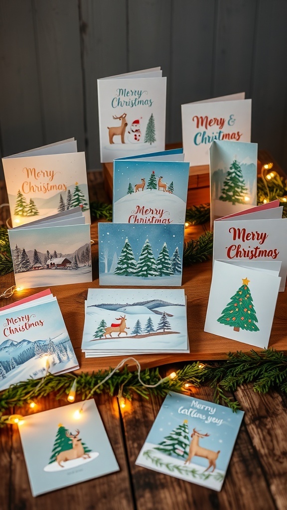 A collection of joyful Christmas cards with festive designs on a wooden table decorated with pine branches and lights.